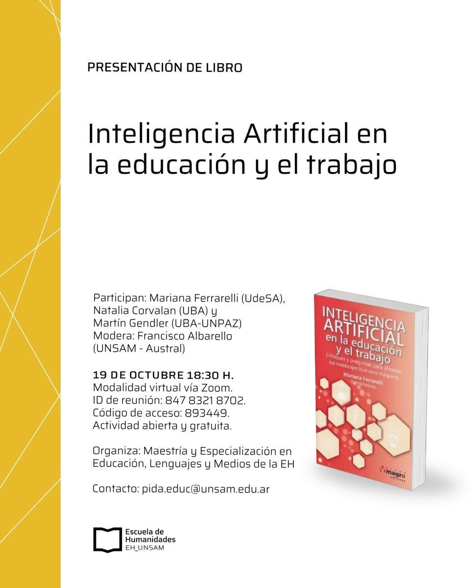 FAlbarello's tweet photo. El 19 de octubre a las 18.30 por Zoom estaremos presentando desde la Maestría en Educación, Lenguajes y Medios de @EDUCACION_UNSAM el libro rojo "Inteligencia Artificial en la educación y el trabajo", compilado por @FerrarelliM. Estarán también @natcorvalan y @Martin_Gendler 👇 https://t.co/KP92kTJIxT