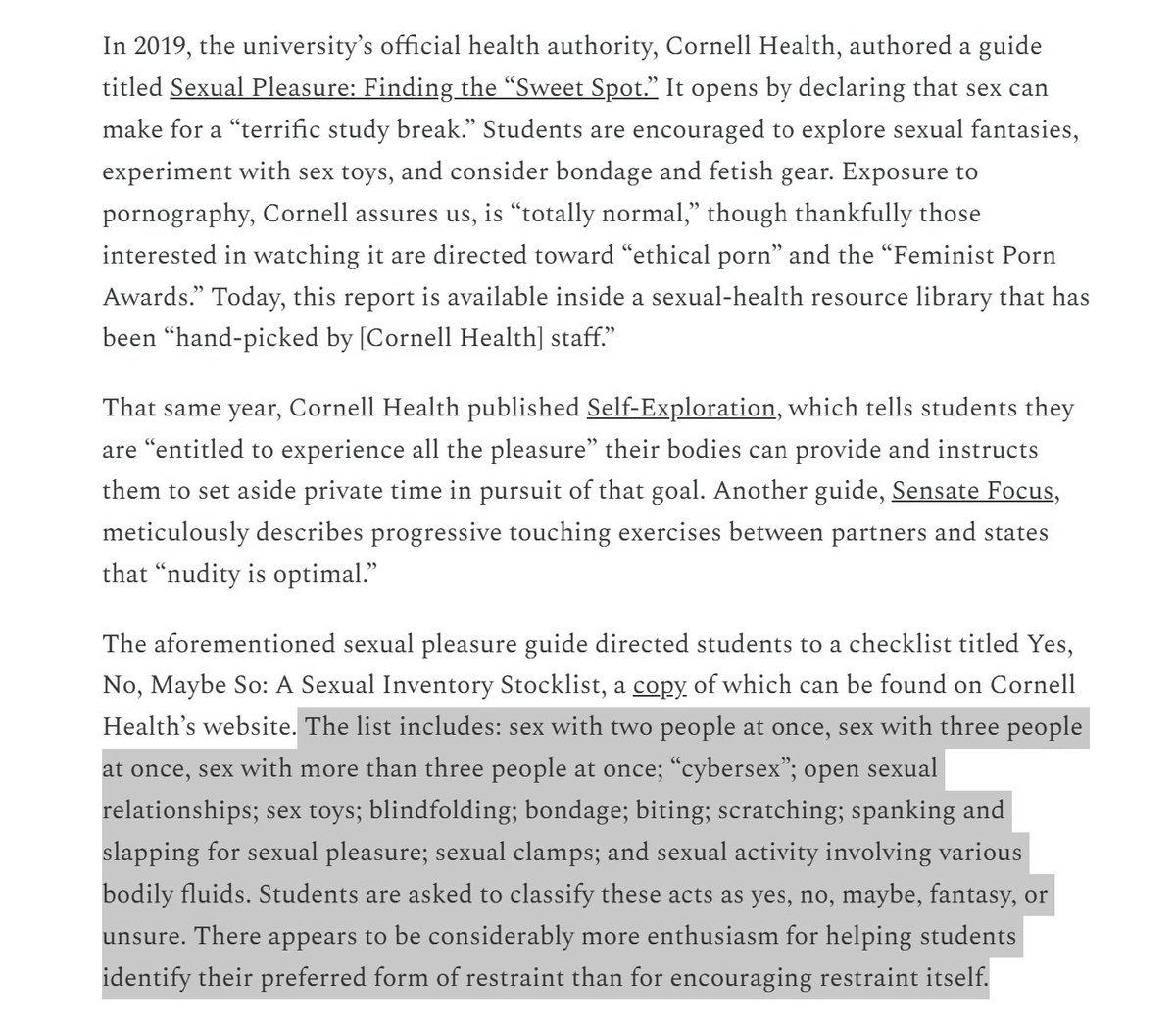 wesyang's tweet photo. Cornell health educators, like health educators at colleges and high schools across America, promote pornography, group sex, open relationships, bondage, and S&amp;M as normal and healthy in chipper instructional materials bearing the school's official endorsement. https://t.co/iTiFzesT3L