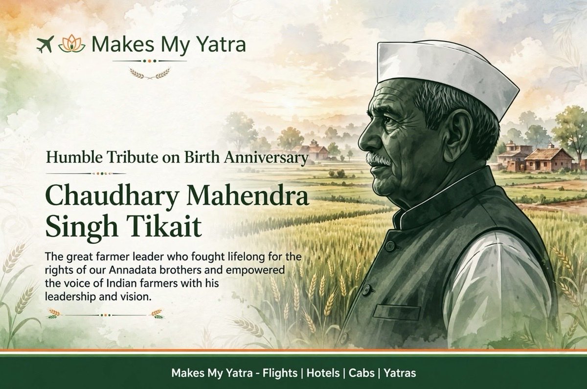 makesmyyatra's tweet photo. Humble Tribute on Birth Anniversary
Chaudhary Mahendra Singh Tikait 🙏

The great farmer leader who fought lifelong for the rights of our Annadata brothers and empowered the voice of Indian farmers.

Naman to his leadership &amp; vision.
#Tikait #FarmersLeader #MakesMyYatra https://t.co/OSwwGC3055