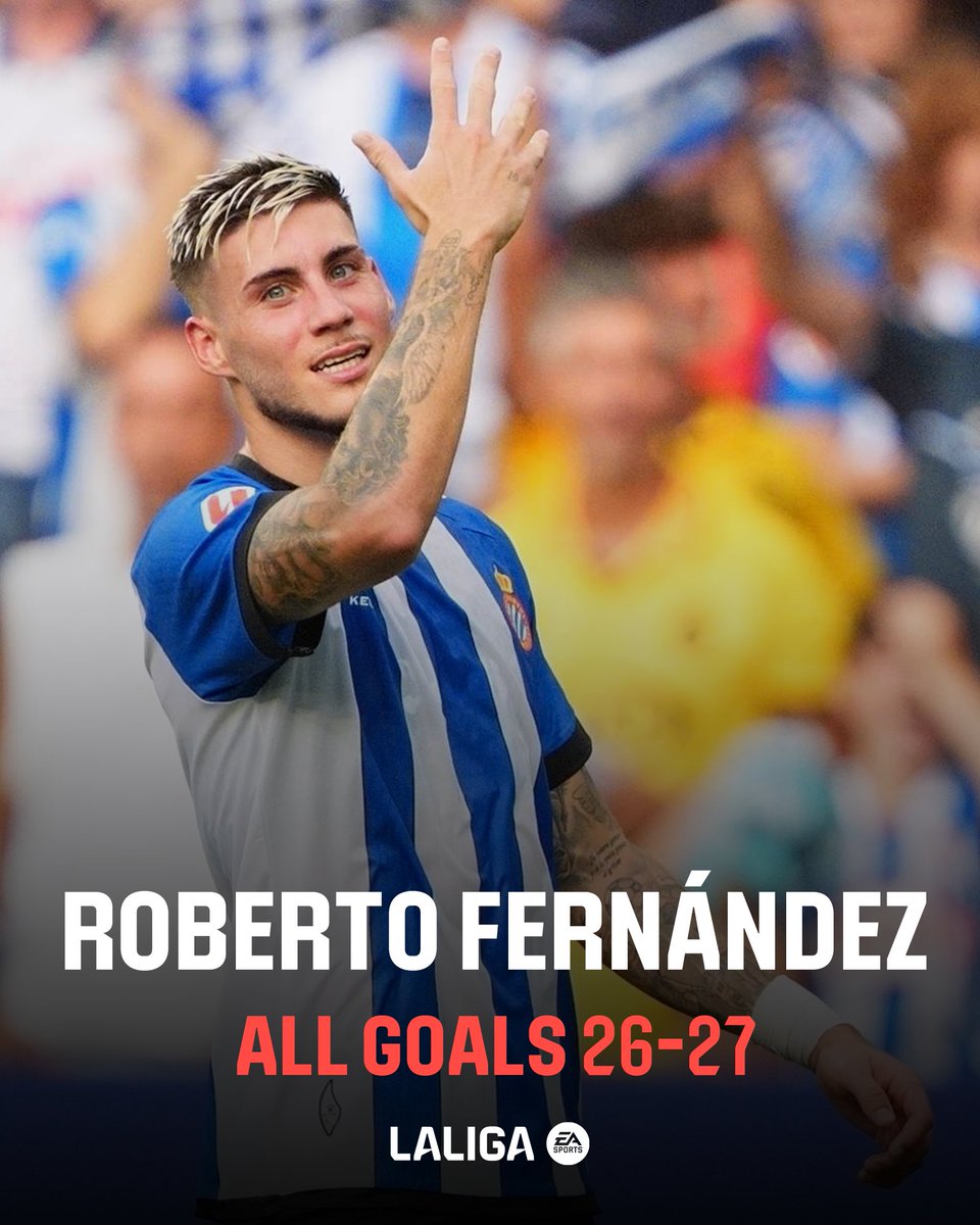 Roberto Fernández, in RCD Espanyol's blue and white striped kit, raises his hand to acknowledge the crowd after scoring, with on-screen text reading "ROBERTO FERNÁNDEZ ALL GOALS 26-27" alongside LaLiga and EA Sports logos, highlighting his strong start with the club.