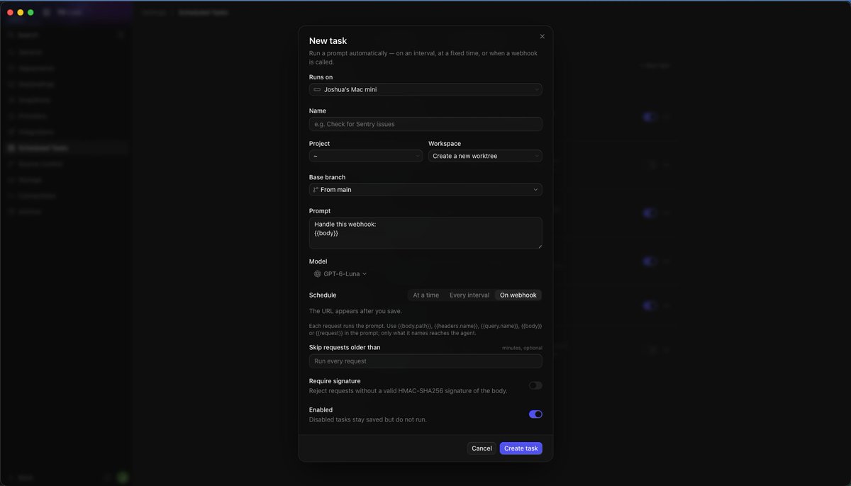 JoshuaRileyDev's tweet photo. T3 Code from @theo, @jullerino &amp; co is getting so much more powerful!

Didn't realise you can now create webhooks that can be called anywhere to trigger new threads.

This unlocks so many cool use cases like linear issues, support tickets, fixing CI/CD runs etc

🔥🔥🔥 https://t.co/0oLM1seCdI