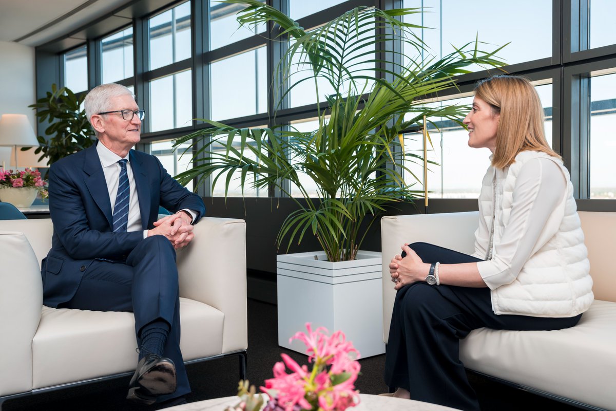 EP_President's tweet photo. Excellent to welcome @Apple’s Tim Cook to @Europarl_EN this afternoon, following our talks in San Francisco earlier this year.

Good to discuss how we can keep children safe online while giving Artificial Intelligence and innovation the space to grow and create opportunities for people across Europe.
