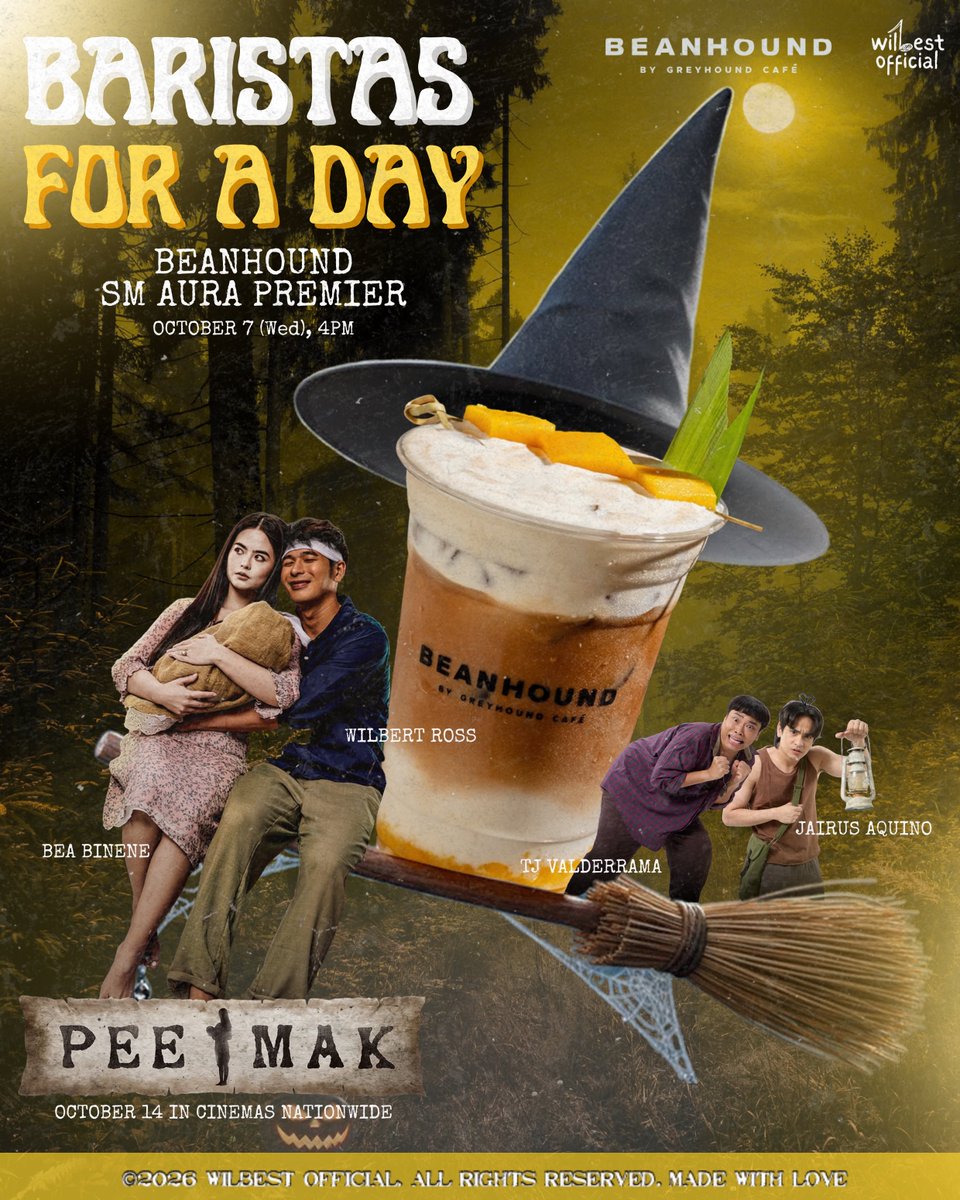 wilbest_ofc's tweet photo. Something’s brew-ing at Beanhound!✨  

Spook-tacular coffee and cute baristas? Count Wilbea in!   

Minsan lang maging Baristas for a Day ang ating PEE MAK squad na sina Wilbert Ross, Bea Binene, TJ Valderrama, at Jairus Aquino, kaya huwag niyo nang palampasin ito! Don't forget to visit Beanhound, SM Aura Premier tomorrow, October 7 at 4:00 PM for your daily dose of coffee and cute spooky vibes!  

At huwag din kalimutang panoorin ang Pee Mak in cinemas nationwide starting October 14! 💛☕️

#PeeMak 
#MultimediaWonder