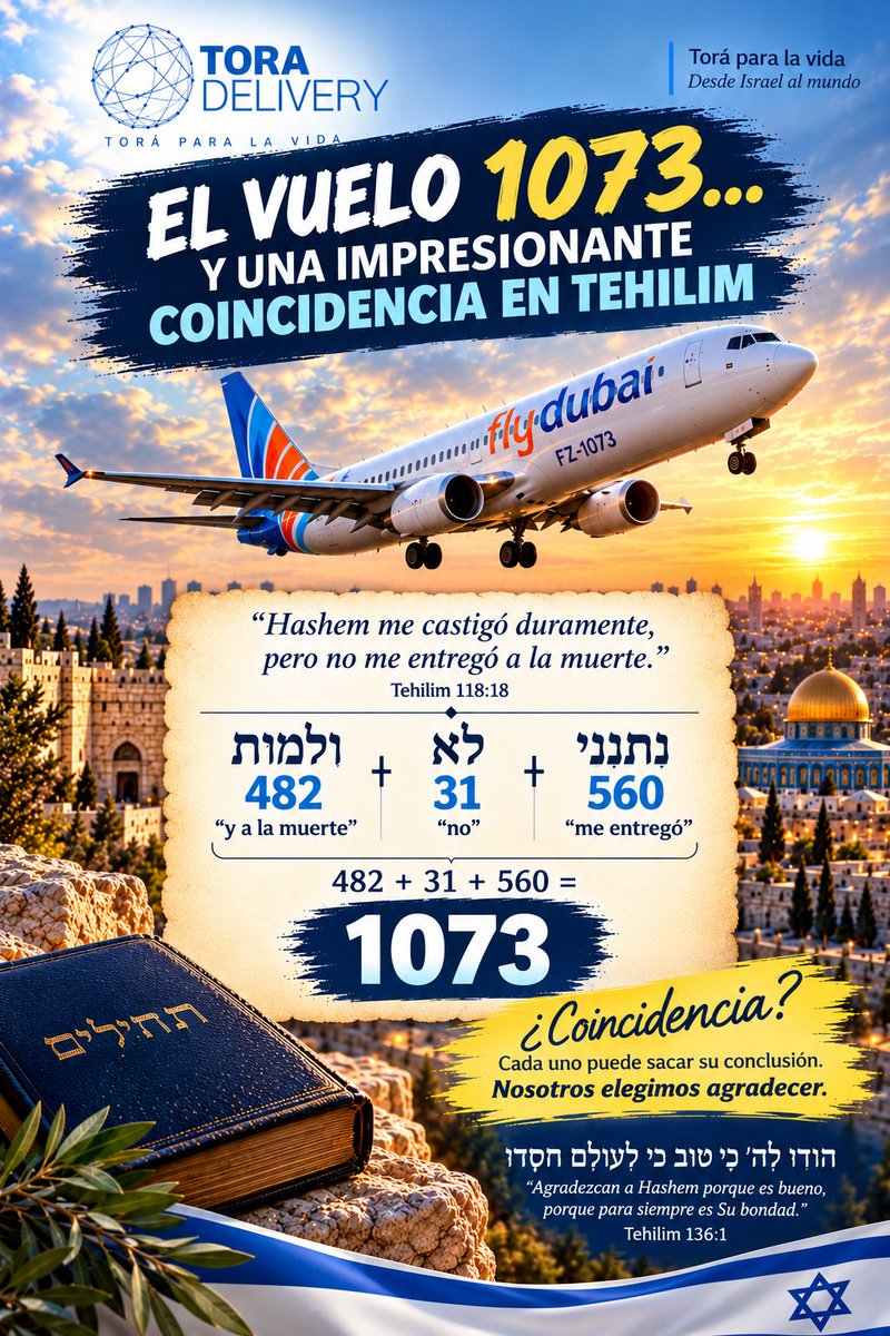 ToraDelivery's tweet photo. El vuelo FZ1073 y una llamativa coincidencia.

Tehilim 118:18:
“...pero no me entregó a la muerte.”

La guematría señalada en la imagen suma 1073.

¿Coincidencia? Cada uno sacará su conclusión.

Nosotros elegimos agradecer. 🙏🇮🇱 https://t.co/lQZNHgJhtM