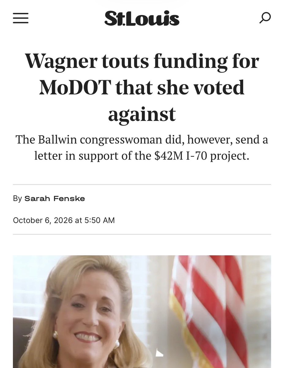 FPWellman's tweet photo. Once again an @AnnLWagner photo op turned out to be nothing but play acting. Last week she posted a picture of herself “delivering the news” to MoDOT of $42 million in federal funding for upgrades to I-70. It took only a few minutes for locals to discover it was a product of Biden’s Infrastructure Bill that she voted against. @WellmanForMO
