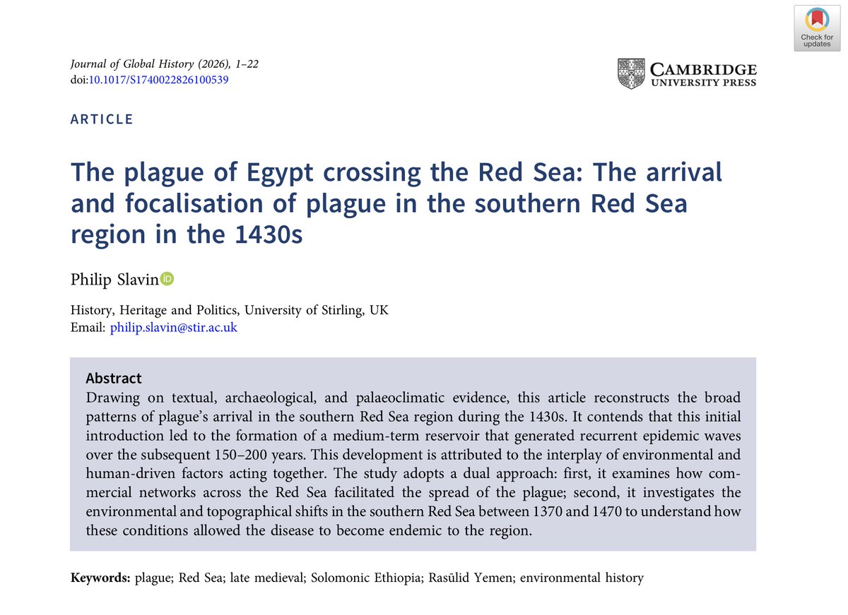 GlobalHistJnl's tweet photo. 📢 New out! Open Access!
Philip Slavin reconstructs the broad patterns of plague’s arrival in the southern Red Sea region during the 1430s.
#plauge #RedSea #latemedieval #SolomonicEthiopia #RasūlidYemen #environmentalhistory
👉 Read more here: https://t.co/6L6G2TXuKG https://t.co/CcPv8IVhaX