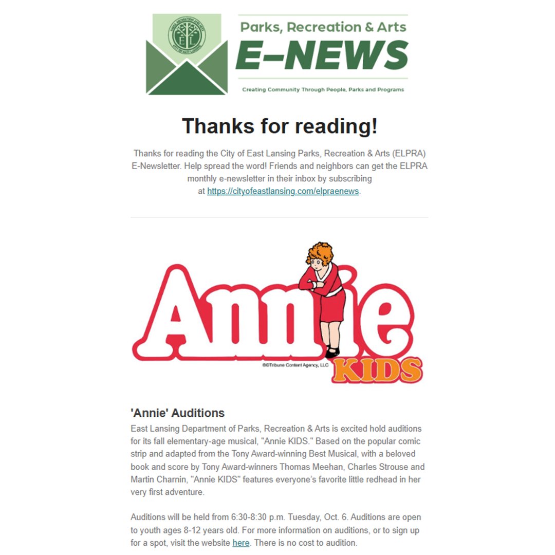 CityofEL's tweet photo. The East Lansing Parks, Recreation and Arts newsletter is now available!

Visit https://t.co/XvfxthQ0gF to read it online and subscribe to start receiving it in your inbox each month. https://t.co/jbgbhj96GN