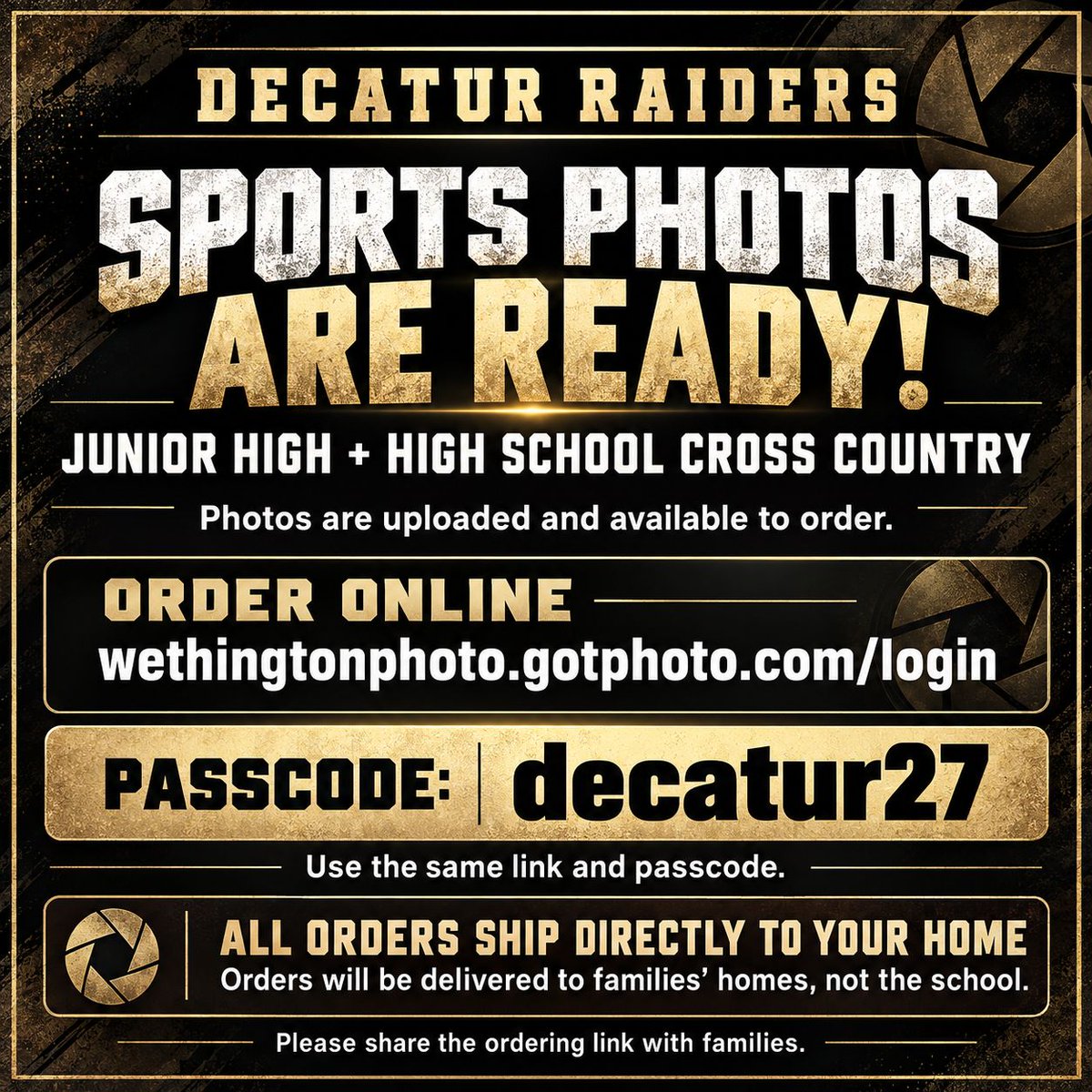 Decatur_Raiders's tweet photo. The JH pics, and HS CC pics are uploaded. 
Please share the link with the families.
All orders will be delivered to the families homes not the school.
Same link: https://t.co/ZPCn0V3IHA
passcode to enter: decatur27 https://t.co/fKYeG8q07S
