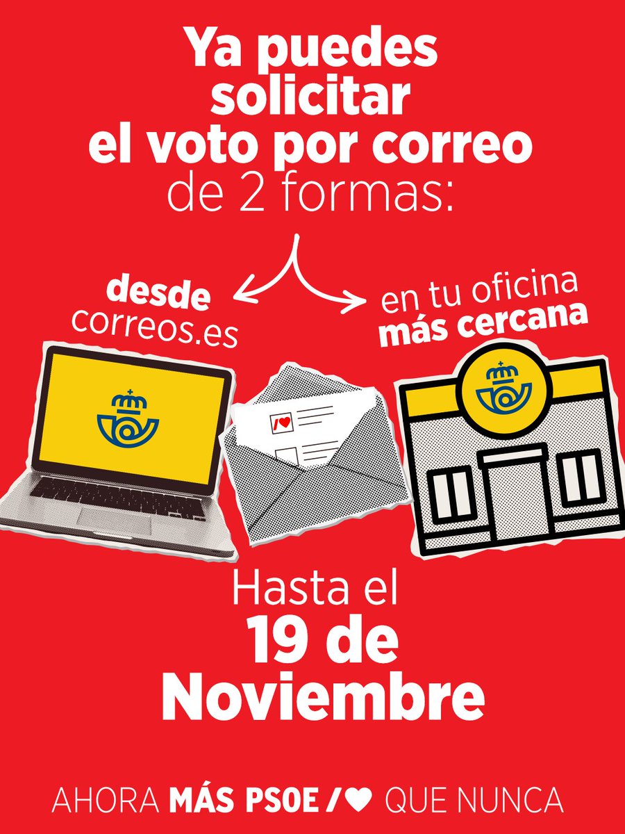 PSOE's tweet photo. Mientras la derecha cuestiona el voto por correo y habla de pucherazo nada más convocarse las elecciones, nosotros te contamos cómo puedes ejercer tu derecho al voto este 29N. https://t.co/do38wqG8gQ
