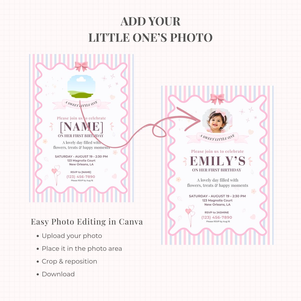 ShowPixelLab's tweet photo. 🎀 A Sweet Little One! 🌸

✨ 5×7 invitation
📱 Mobile invitation
🎀 Edit name, age, date &amp; party details
📸 Add your own photo
💌 Print or share digitally

🛍️ Shop on Etsy:
#Etsy #FirstBirthday #GirlBirthday #CanvaTemplate #BirthdayInvitation #DigitalInvitation https://t.co/dYXiGlbH26
