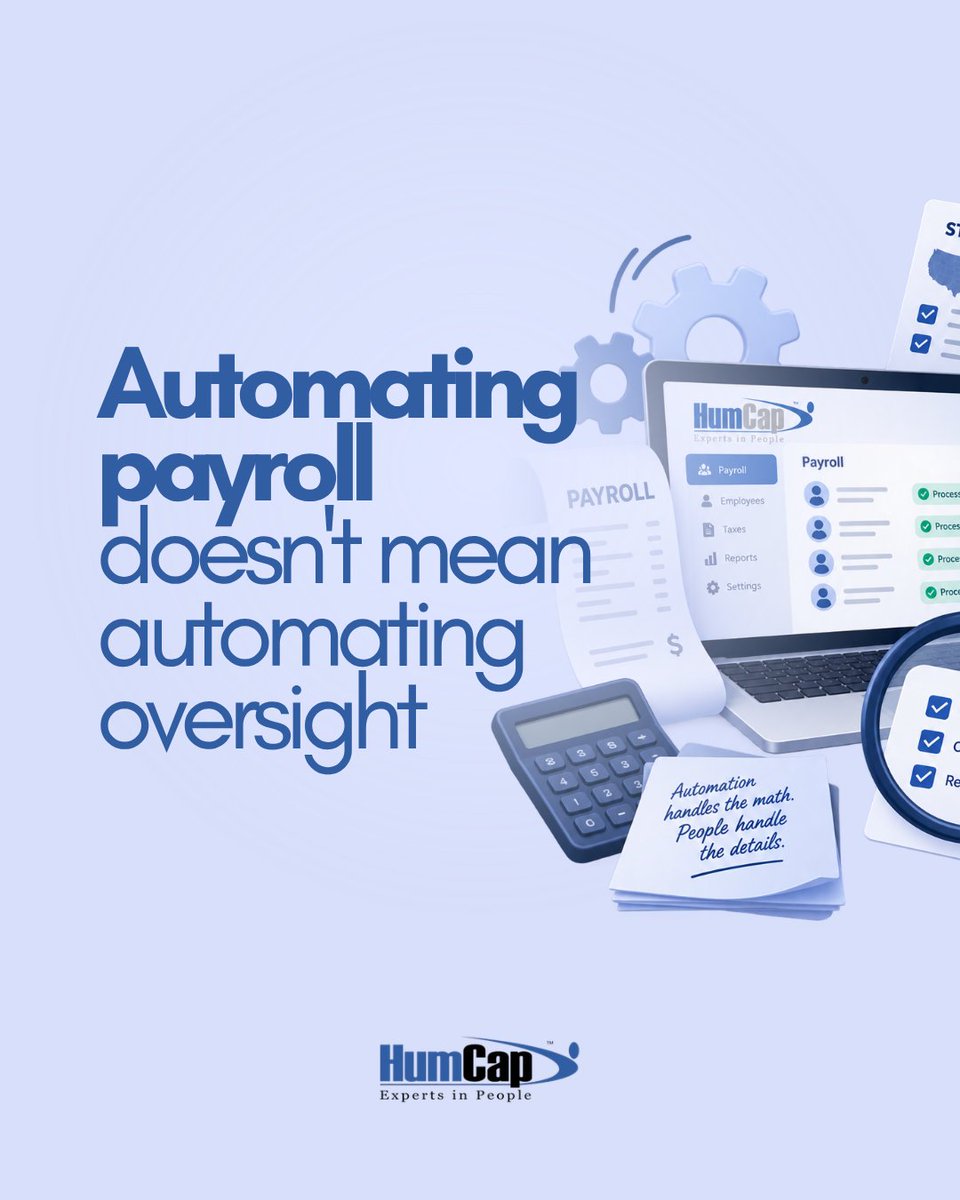 HumCapLP's tweet photo. Payroll automation reduces manual work, but it can’t catch every mistake.
Misclassification, outdated tax requirements, and incorrect employee setup still require human oversight. Regular reviews help ensure automation reduces risk instead of quietly creating it. https://t.co/FLlruQe8ge