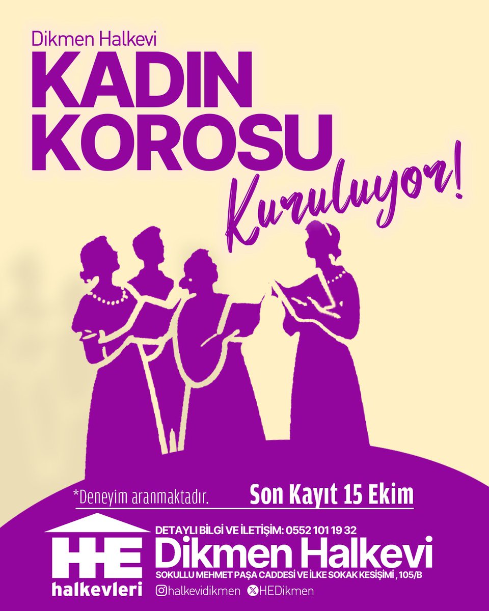 HEDikmen's tweet photo. Dikmen Halkevi Kadın Korosu kuruluyor!

Gelin birlikte üretelim, birlikte söyleyelim!

Son kayıt 15 Ekim✨ https://t.co/6L3fsD1T81
