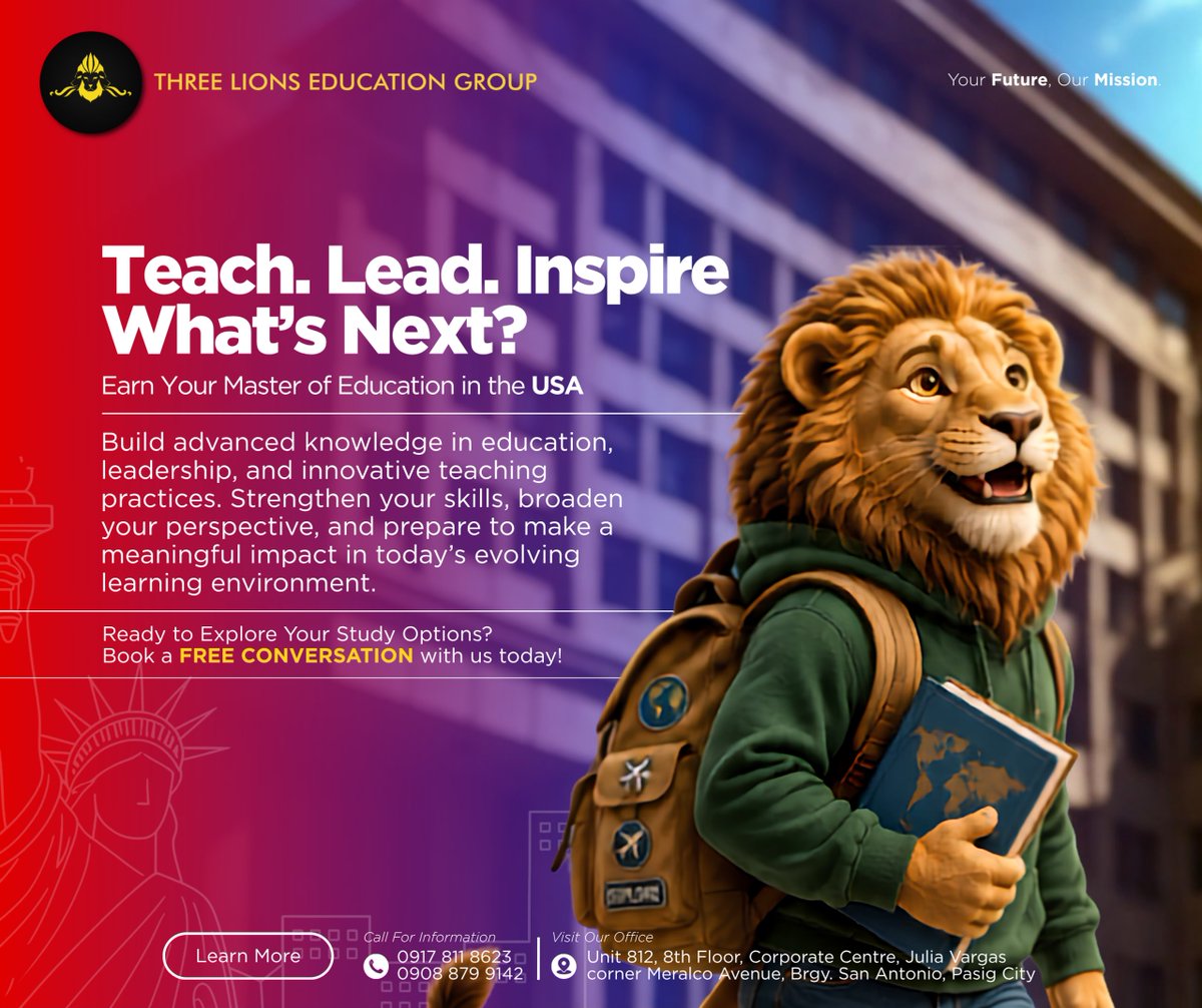 ThreeLionsVisaS's tweet photo. LEVEL UP YOUR IMPACT THROUGH EDUCATION

Ready to take your passion for learning and teaching to the next level?

Pursue a Master of Education in the USA and deepen your knowledge in education, leadership, and innovative teaching practices. https://t.co/4OM1t6gX5e