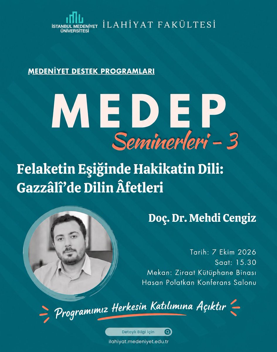 Medep_'s tweet photo. İmam Gazzâlî'nin Dil Belası - Dilin Afetleri (Kitabü Âfati'l-Lisan) kitabının mütercimi Doç. Dr. Mehdi Cengiz'in konferansına bekleriz. https://t.co/4l2IB1BpK2