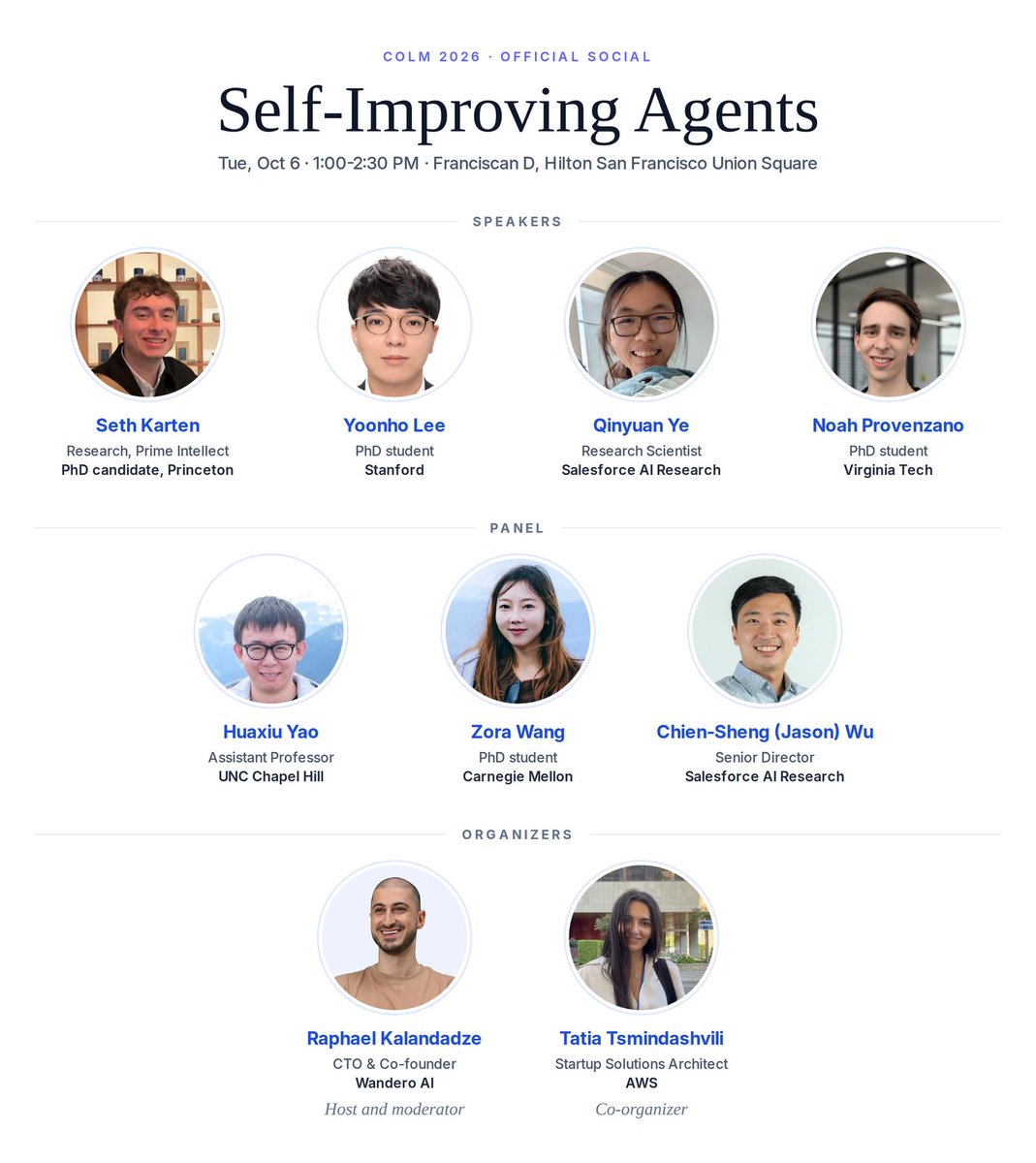tuvllms's tweet photo. I'm not at @COLM_conf, but my awesome PhD student @noahpro99 is giving a talk on our EvoSkill work today at the COLM Social: Self-Improving Agents (Oct 6 1-2:30 PM PT, Franciscan D). Come chat with him about his first-hand experience with different skill evolution frameworks! https://t.co/D2hFr4hQqR