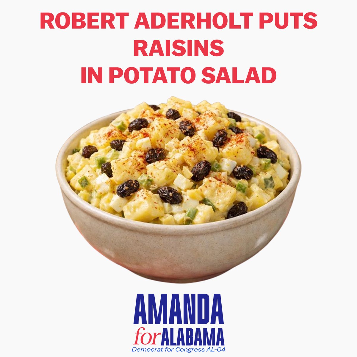 AmandaforAlabam's tweet photo. Some crimes are unforgivable. If you can’t trust Robert Aderholt with a side dish, you can’t trust him with North Alabama.

Join our fight to flip AL-04: Chip in $15 or sign up to volunteer at https://t.co/pJhOtP33Me today!

#DudeGottaGo https://t.co/EHiy4Xirl3