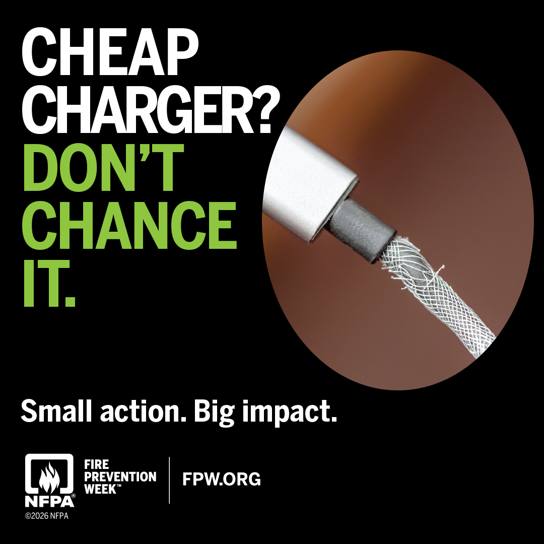 AcadiaInsurance's tweet photo. Use the cord and charger that came with your device or ones approved by the manufacturer. Using the wrong charger can damage the battery and increase the risk of fire. For more info: https://t.co/hpJSuC86vY. 

#firepreventionweek #sparky #firesafety #batterysafety https://t.co/iKHmc2NeyL