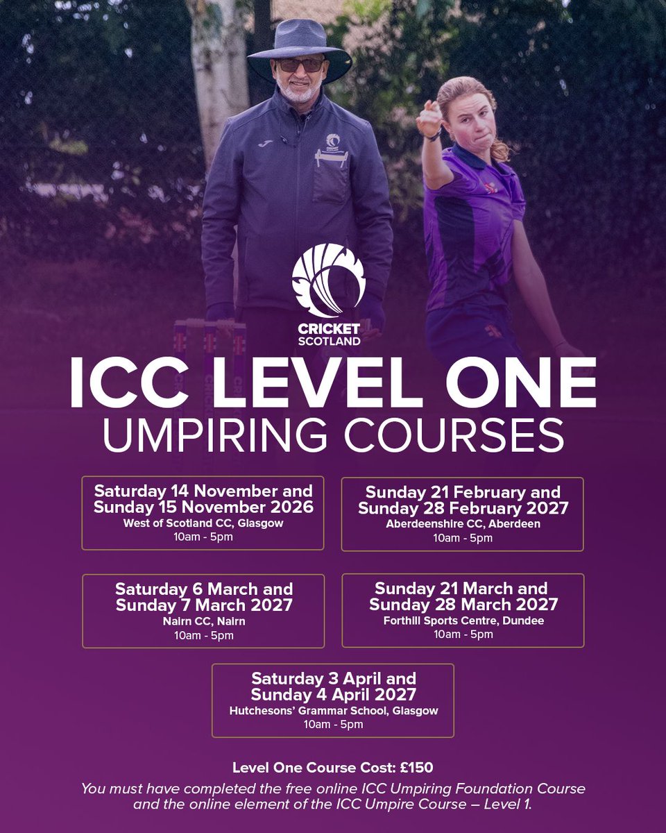 CricketScotland's tweet photo. Want the best seat in the house?

Continue your cricketing journey by booking your place on of our of ICC Level One Umpiring Courses taking place across Scotland!

➡️  https://t.co/uvd05gGccz https://t.co/cO5aIEEXaU