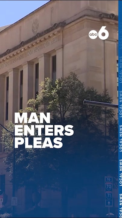 A news graphic showing a building with the abc 6 logo, featuring the text 'MAN ENTERS PLEAS' and 'LOCAL NEWS' on the side.