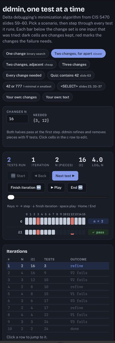 AI4Code's tweet photo. This is the first semester in my teaching career that I have been able to use LLMs to improve the learning experience.

One way I’ve been doing this is simply feeding my static slides from each lecture into an agentic framework to create live demos in class.

For my software analysis class (https://t.co/2nlqRsO8O5), I used Claude Code to demo different program correctness techniques, from random testing using AFL++ to theorem proving using Dafny. In the past, I spent hours just debugging the setup of these tools. Now Claude does it autonomously for me in *under 5 minutes*, giving me a standalone Docker container with a web UI.

Check out this demo of an automated debugging technique called Delta Debugging that I covered this week:

https://t.co/iD9ePftfYw

As a bonus, you yourself learn subtle new things about the technical content. For me this happened with a concurrency fuzzing technique called PCT, where Claude showed how P(bug per run) is higher but rate of bugs per second is lower if you put threads to “sleep” versus simply preempt them.

It is an even bigger privilege to be teaching in these times. LLMs can now do almost anything so it all comes down to instructor taste and judgment.