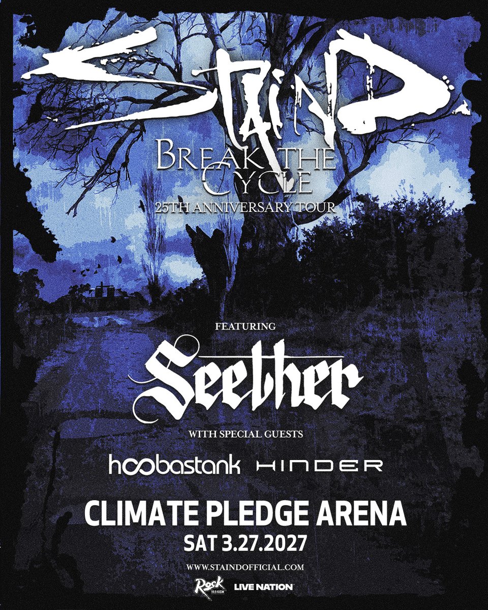 ClimateArena's tweet photo. JUST ANNOUNCED! 🤘 @staind is celebrating 25 years of Break The Cycle at Climate Pledge Arena on March 27! Featuring @seether and special guests @Hoobastank and @hindermusic. Get ready to relive the songs that defined an era! Tickets on sale October 9 at 10 AM. https://t.co/f9IySS4iKh