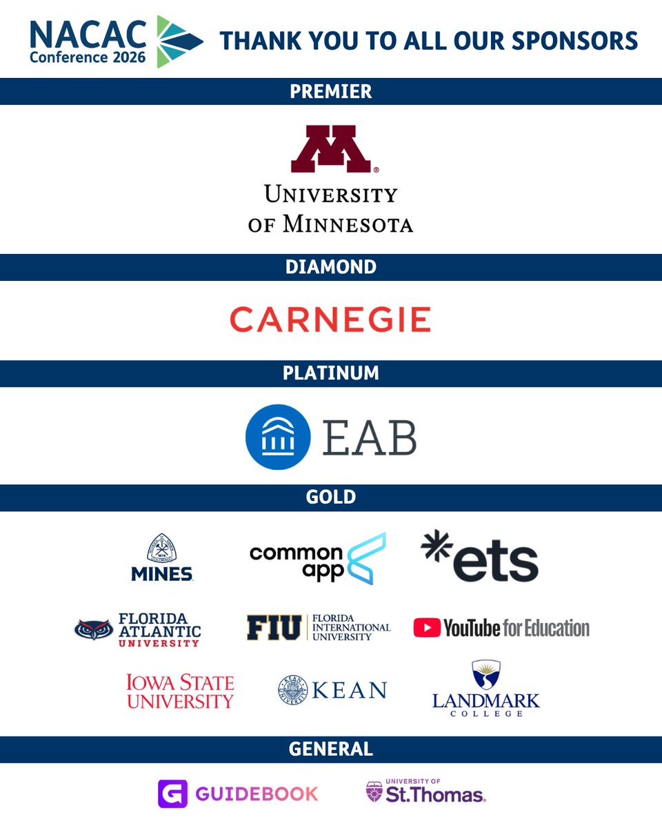NACAC's tweet photo. We extend heartfelt appreciation to all our Sponsors for supporting #NACAC Conference 2026! 👏🏾👏🏻👏🏽 https://t.co/WxJgw908XI #NACAC2026 #ONWARD #Minneapolis https://t.co/IjKjghKyxS