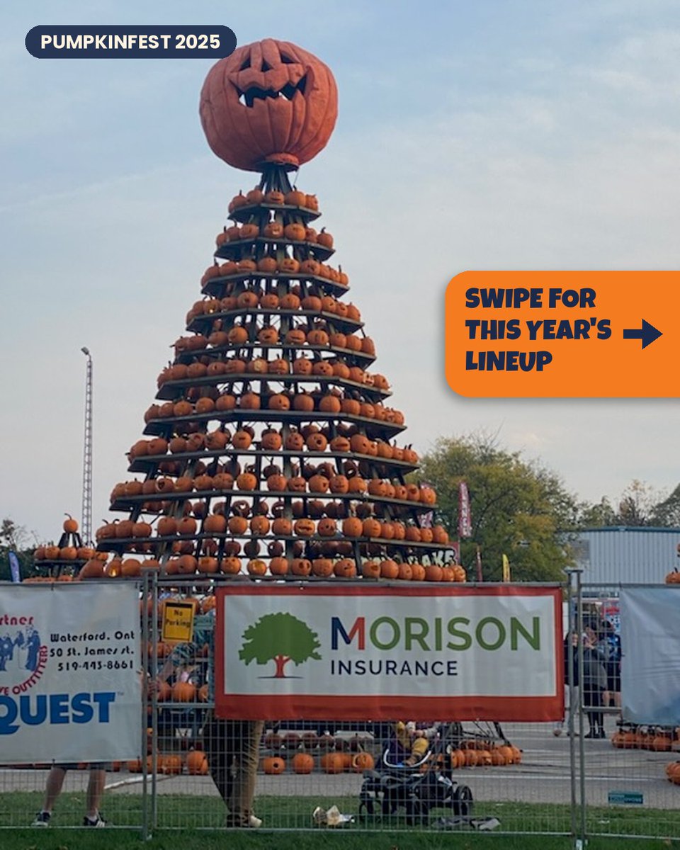 MorisonIns's tweet photo. That's our banner at last year's #Pumpkinfest pumpkin pyramid! ๐ This year it's 10 days away: ๐ Fri fireworks ๐ฅ Sat parade at 12:30 p.m. ๐ Sun car show. Oct 16โ18 in Waterford, rain or shine. #WaterfordON https://t.co/uer6VtdOaf