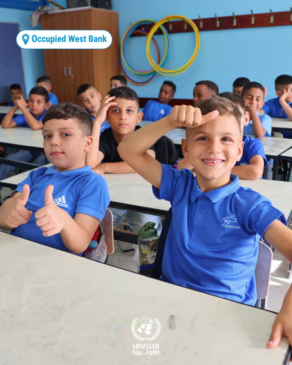 UNRWA's tweet photo. Across the occupied #WestBank, more than 48,000 #Palestine Refugee children are returning to UNRWA schools for a new year of learning, reconnecting with friends and teachers and working towards a brighter future. 

From the first day of school, UNRWA supports their learning and aspirations. 

#UNRWAworks #FundUNRWA