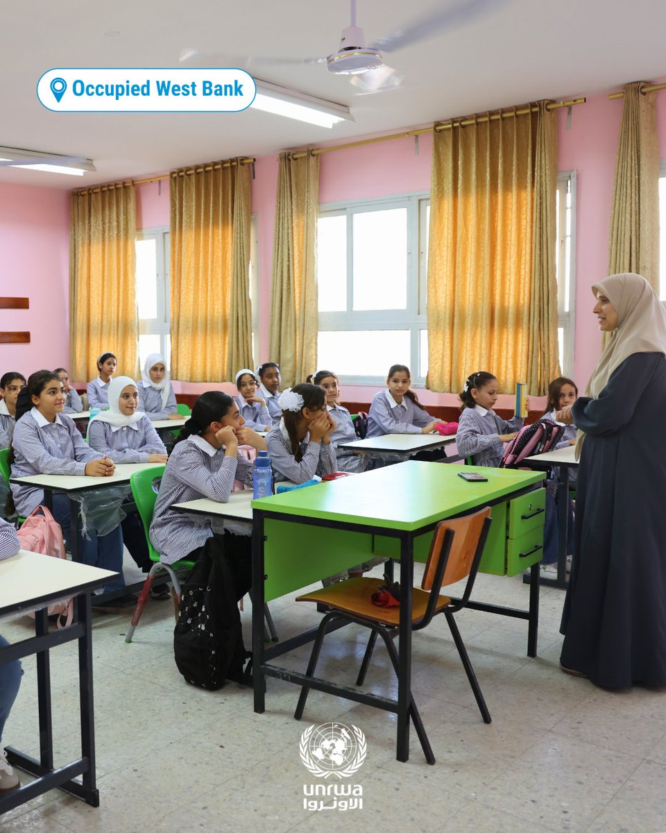 UNRWA's tweet photo. Across the occupied #WestBank, more than 48,000 #Palestine Refugee children are returning to UNRWA schools for a new year of learning, reconnecting with friends and teachers and working towards a brighter future. 

From the first day of school, UNRWA supports their learning and aspirations. 

#UNRWAworks #FundUNRWA