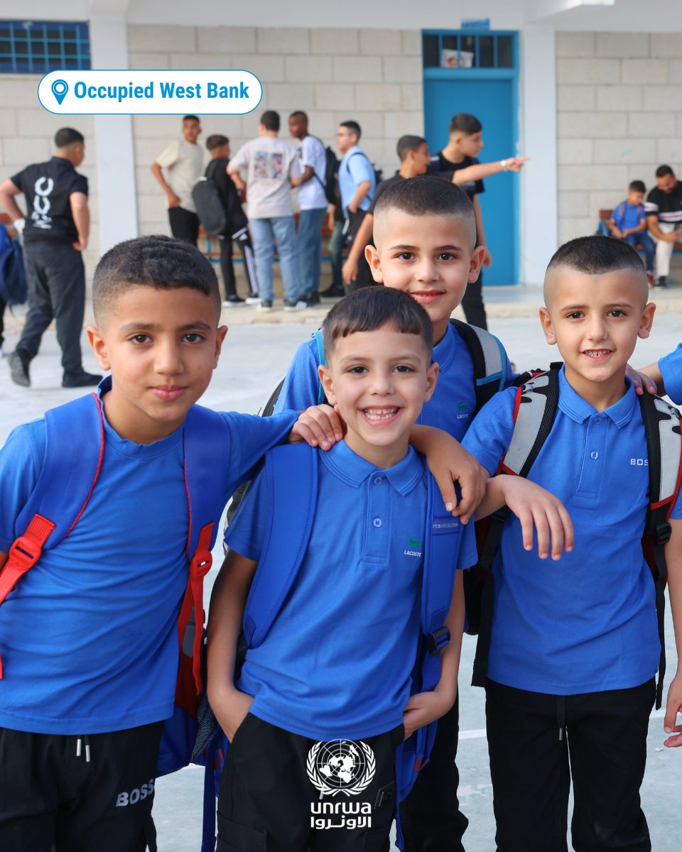 UNRWA's tweet photo. Across the occupied #WestBank, more than 48,000 #Palestine Refugee children are returning to UNRWA schools for a new year of learning, reconnecting with friends and teachers and working towards a brighter future. 

From the first day of school, UNRWA supports their learning and aspirations. 

#UNRWAworks #FundUNRWA