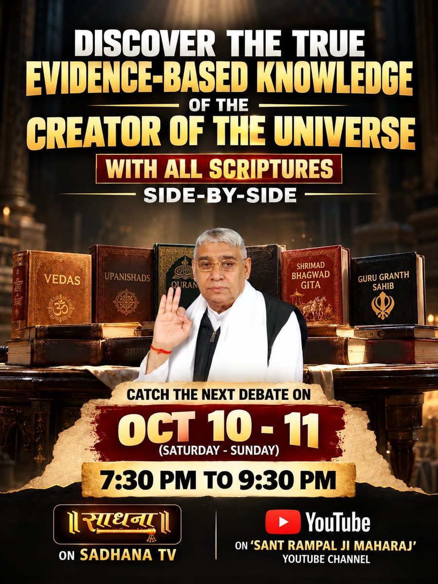 babli10k's tweet photo. #शास्त्रार्थ_का_शंखनाद_10_Oct
Discover The True  Evidence-Based Knowledge Of The Creator Of The Universe 
With All  Scriptures
SIDE-BY-SIDE
VEDAS
UPANISHADS
QURAN
SHRIMAD BHAGWAD GITA
GURU GRANTH SAHIB
CATCH THE NEXT DEBATE ON OCT 10-11 (SATURDAY - SUNDAY)
7:30 PM TO 9:30 PM https://t.co/mbUnNk9uij