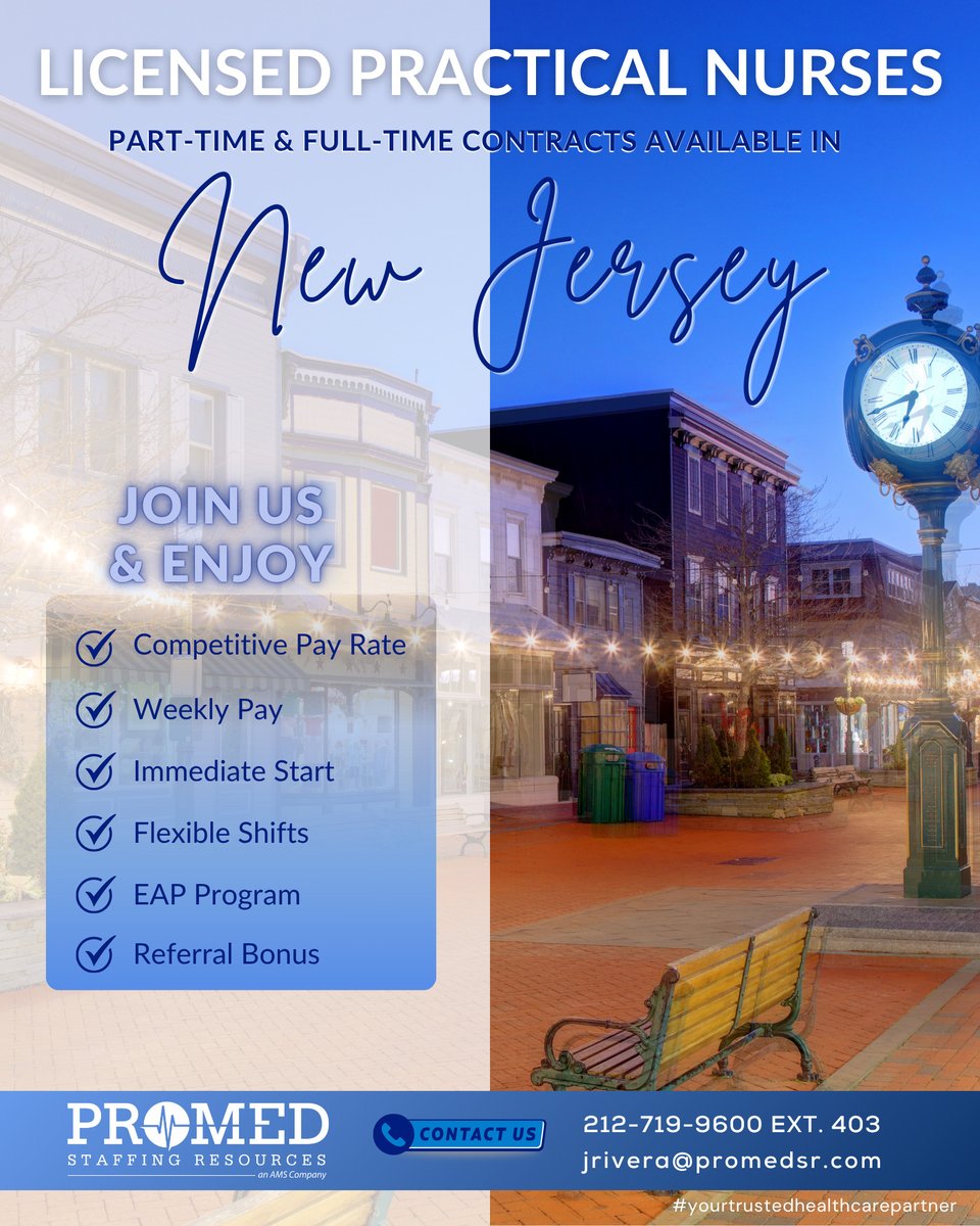 promed_staffing's tweet photo. #LPNs needed now! Contact Jorell Rivera at (212) 719-9600 or send your resume to jrivera@promedsr.com to get started.

#licensedpracticalnurses #lpninnewjersey #newjerseyjobs #njjobs #longtermcare #longetrmcarefacilities #ltcjobs #lpnjobs #promed #promedsr #recruitment #hiring https://t.co/LI5imL4fG9