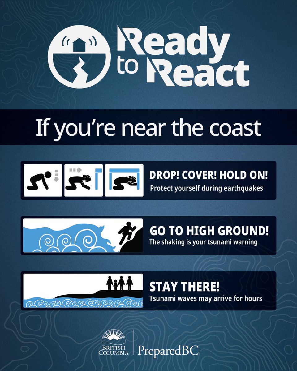 PreparedBC's tweet photo. If you feel an earthquake near the coast of #BC:

Drop, Cover &amp; Hold On ✔️

When the shaking stops, count to 60 before getting up ✔️

Move to high ground ✔️

Learn more: https://t.co/1wf5afHHyB
Get alerts: follow @EmergencyInfoBC and visit https://t.co/AHcQvW5cLQ https://t.co/wWUUdwyzFG