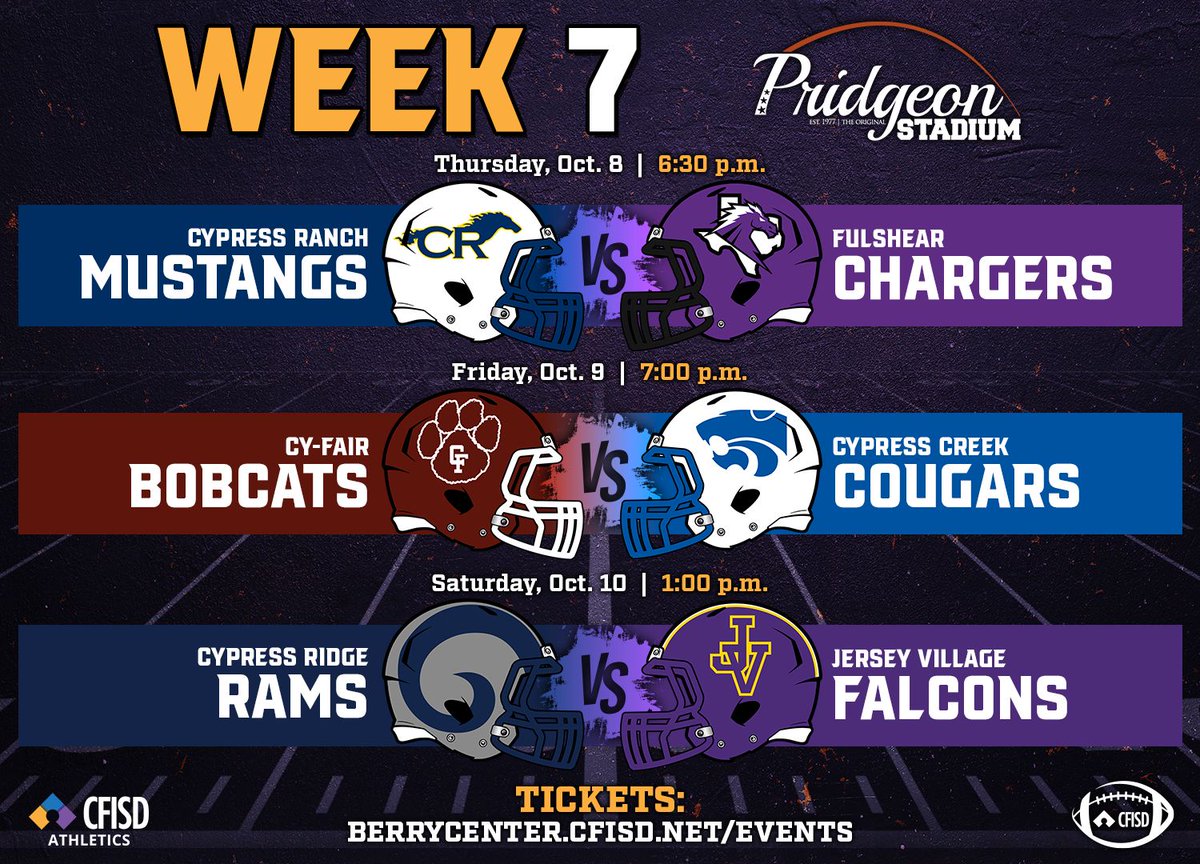 BerryCenter's tweet photo. 🏈 Three exciting matchups are on the schedule this week at Pridgeon Stadium!
🎟️ Get your tickets at: https://t.co/7wgExYSUsE
Know before you go: https://t.co/oF8rmHpzKK
#CFISDFootball @CFISDAthletics https://t.co/ijSqTGEEV0