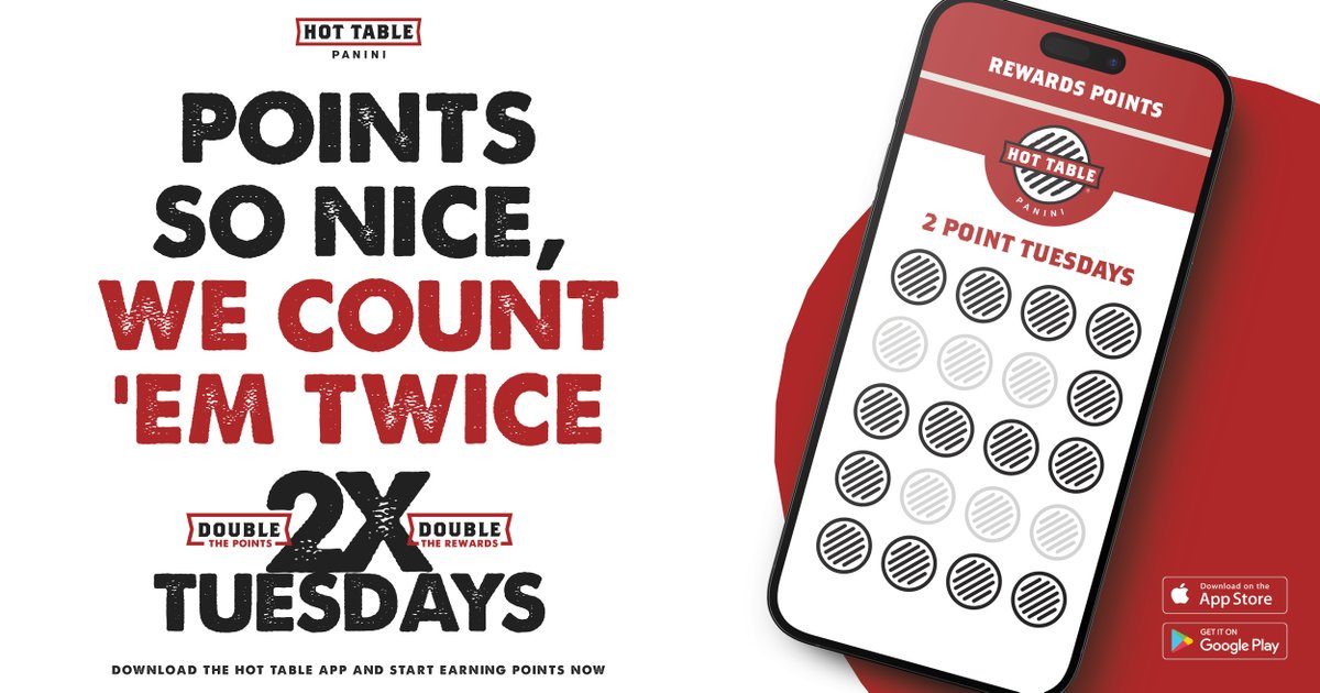 Hottable's tweet photo. It's Two Point Tuesday! Points so nice, we count 'em twice.

#HotTable #Panini #TwoPointTuesdays #HotTableApp #App #Promo #Rewards https://t.co/j5O5CYs8Hp
