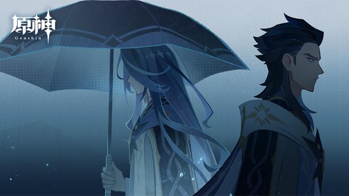Two figures from Genshin Impact stand apart under a rainy sky, with the "原神 Genshin" logo visible in the corner, capturing the somber tone of the "Days of Yore" cutscene about memories of a friend and a sinner's past.
