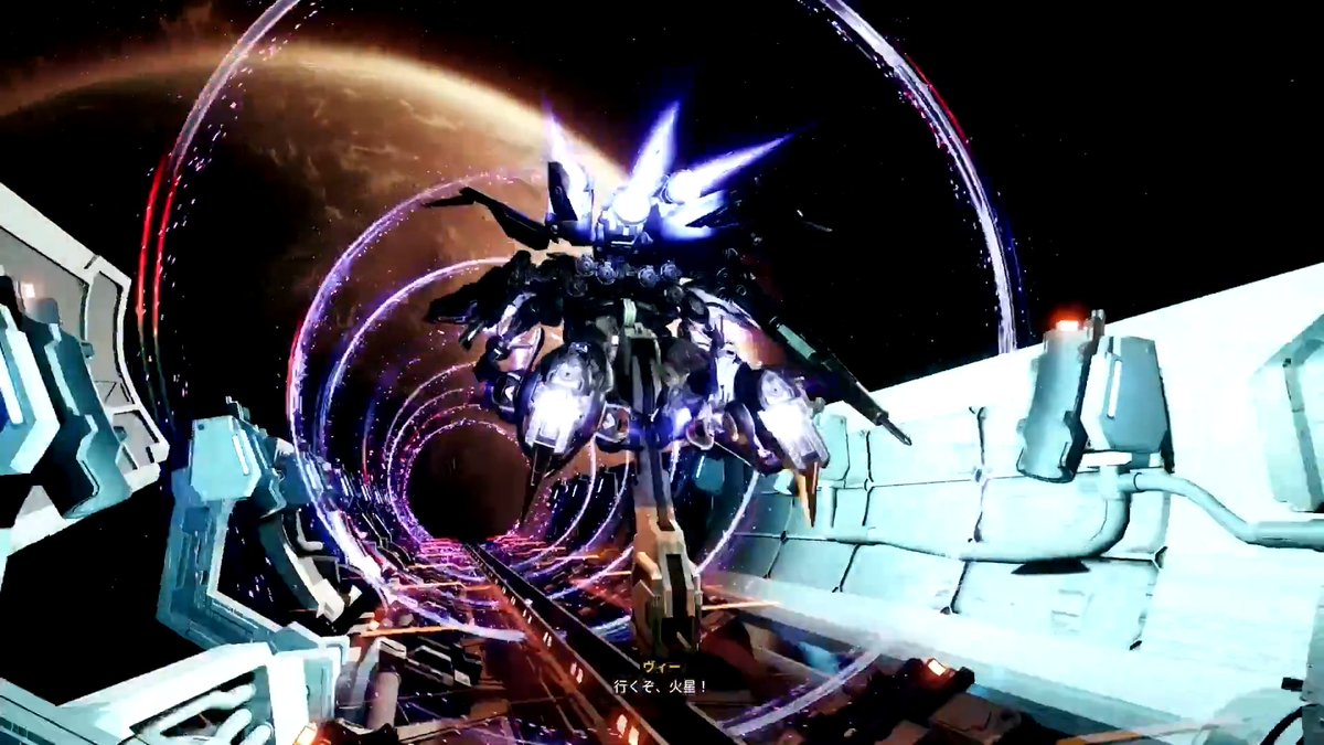 A customized Gundam Helix mech stands amid swirling purple energy rings in a space station setting, with Japanese subtitles reading "ヴィー: 行くぞ、火星!" (Veet: Let's go, Mars!). The image showcases the customization aspect of the game "GUNDAM ROGUE ORBIT," featuring the mech's striking design and vibrant effects during what appears to be the "Planet of Sand" mission's boss encounter.
