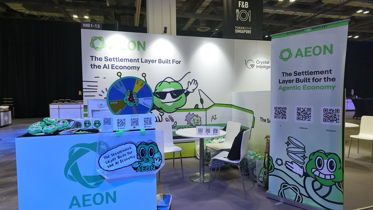 AEON_Community's tweet photo. The AEON booth is officially ready at #TOKEN2049 Singapore, and we are fully loaded with exclusive merch for everyone stopping by our booth PB1-13 !

If you want to talk about AI payments, come grab some gear and let's chat. We are building the native settlement layer for the ＃AIEconomy, and we want to hear your takes on the future of autonomous payments.

We’ll see you tomorrow! ⚡🤖

$AEON