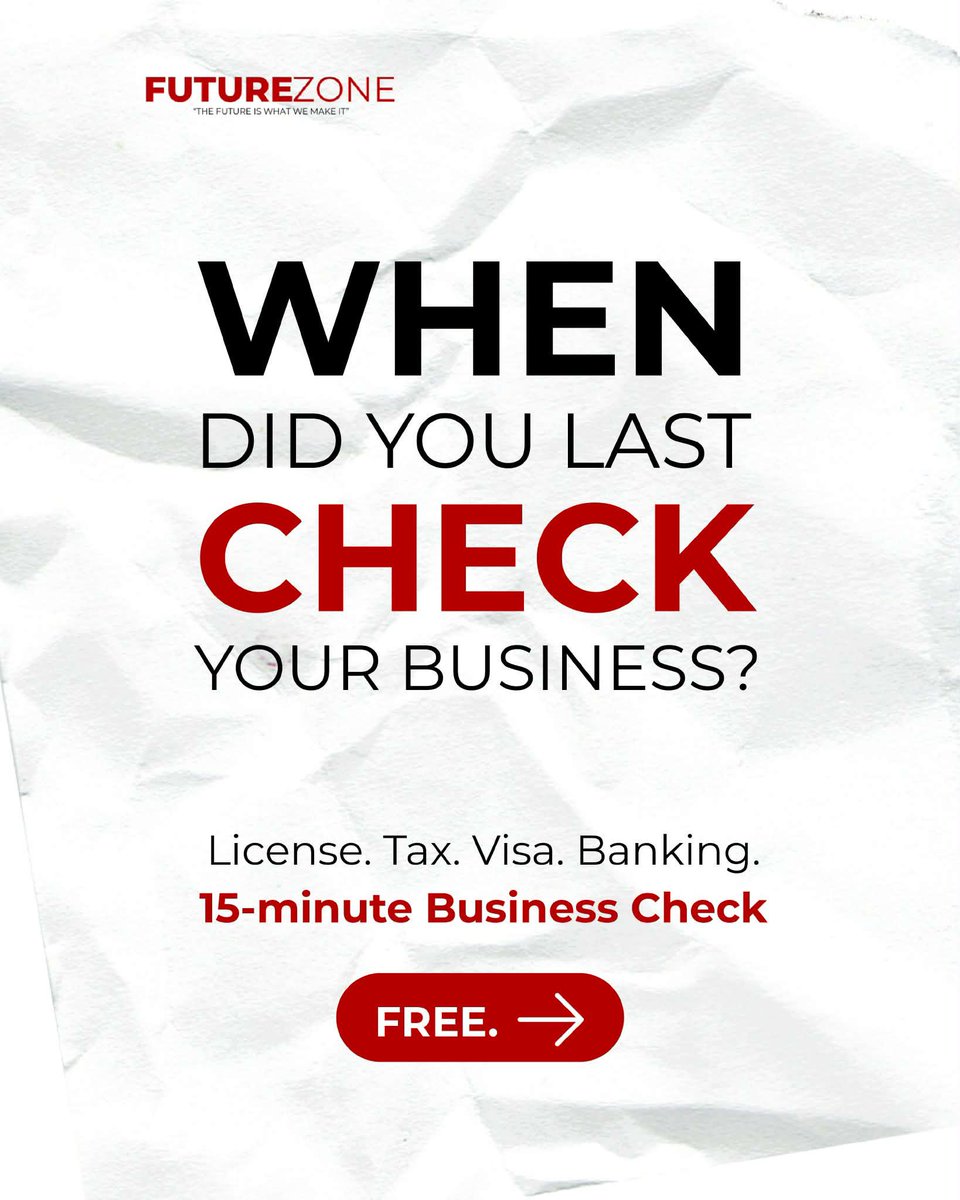 futurezone_ae's tweet photo. oct. 6

Your business can change faster than your licence does.

We’re opening a few FREE Business Quick Check sessions to look at. 

Drop a comment “CHECK” and we’ll arrange a quick zoom  session.

#UAEBusiness #DubaiBusiness #UAEEntrepreneurs #BusinessInUAE #FutureZoneBusiness https://t.co/AxZCOxygpz