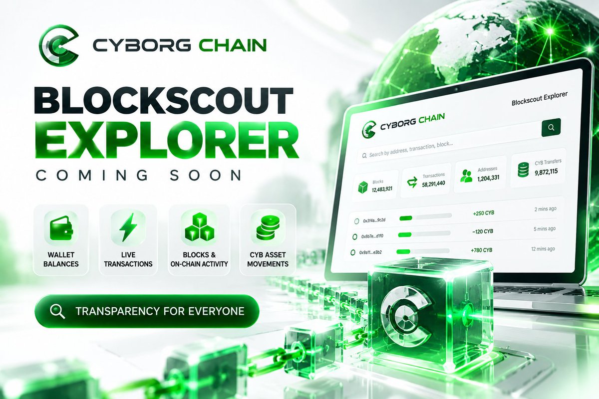 CyborgcoinCYB's tweet photo. 🚀 Cyborg Chain is getting a major transparency upgrade.

Soon, our community will be able to access a dedicated Blockscout Explorer to independently verify:

🔎 Wallet balances
⚡ Live transactions
📦 Blocks & on-chain activity
🪙 CYB asset movements

Behind the scenes, we’ve completed a major backend + database architecture upgrade focused on faster, more reliable blockchain indexing.

We believe trust should be verifiable — not just promised.

The Cyborg Chain Explorer is coming. 👀💎

#Cyborgchain #Blockscout #Web3 #Blockchain #airdrop #cyborgcoin
#binance @coinbase @CoinMarketCap