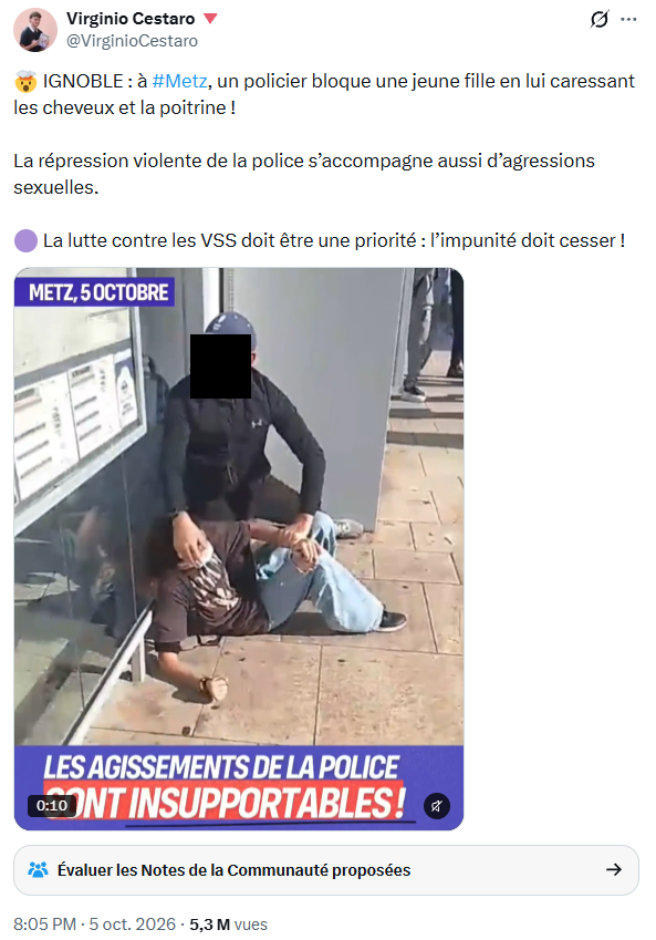 GrablyR's tweet photo. Communiqué du Procureur de la République de Metz:

"Interrogée ce jour par l’IGPN, la jeune fille a réfuté tout acte de violence et tout acte d’agression sexuelle sur sa personne dans le cadre de son interpellation".

"Le policier mis en cause a déposé plainte ce jour du chef de diffamation publique."

"Les investigations se poursuivent afin notamment d’identifier l’auteur de la diffusion de la vidéo".

La vidéo cumule plus de 5 millions de vues.