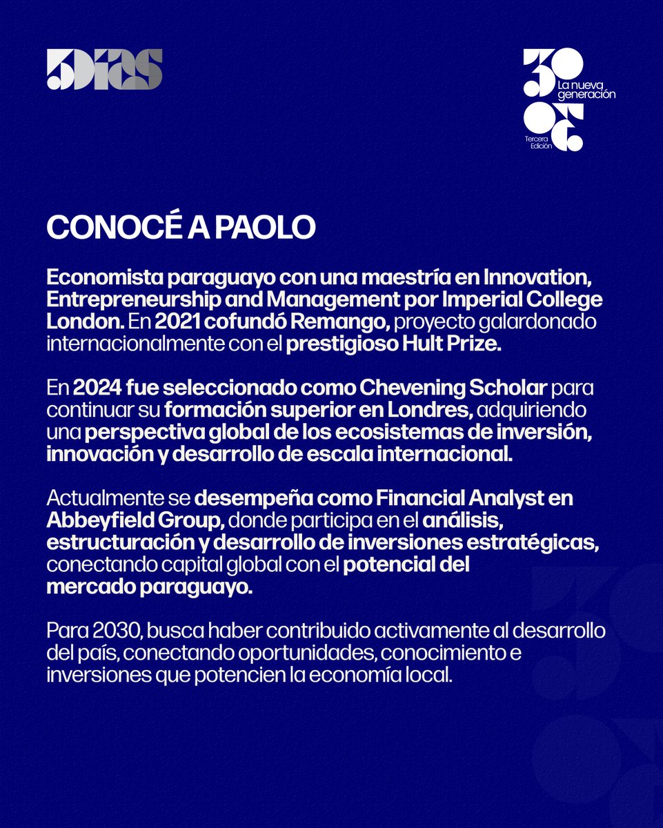 5DiasPy's tweet photo. Postulaciones 30|30 ✨

Conocé a Paolo Stagni, Financial Analyst en Abbeyfield Group, quien a sus 29 años combina finanzas, innovación e inversiones, con formación internacional en Imperial College London y experiencia en proyectos de alcance global.

¿Quiénes serán los 30 del 2026? 👀

👉 Postulaciones abiertas.

📩 Más información: publicidad@5dias.com.py
📞 0982 456 111

#3030 #5Días #LaNuevaGeneración #TalentoParaguayo