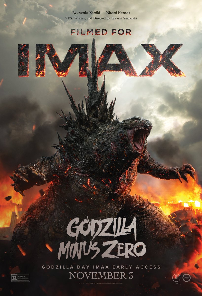 Godzilla_Toho's tweet photo. GODZILLA MINUS ZERO, the first-ever Japanese production #FilmedForIMAX. 

Godzilla Day @IMAX Early Access on November 3. In theatres November 6.
Tickets on sale now. #GodzillaMinusZero
https://t.co/2Ktmma6NDI https://t.co/Rbo0cQhcrd
