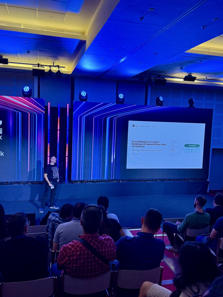 bigdataweek's tweet photo. 🔵 On stage now: Rares Istoc, Head of Engineering at https://t.co/rOa7NkzIAu, on what happens when your CRM, emails and meeting notes tell different versions of the same story.
His take: don’t hide the disagreement. Keep the context and the evidence visible.
#bigdataweek #bdw2026 https://t.co/ujglWoZInS