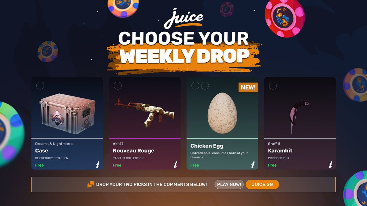 juicedotgg's tweet photo. Your weekly drop is ready 👀
Picking two items, or using both picks on the Chicken Egg? 🥚

Drop your choice below 👇 https://t.co/YXckvLdSvb