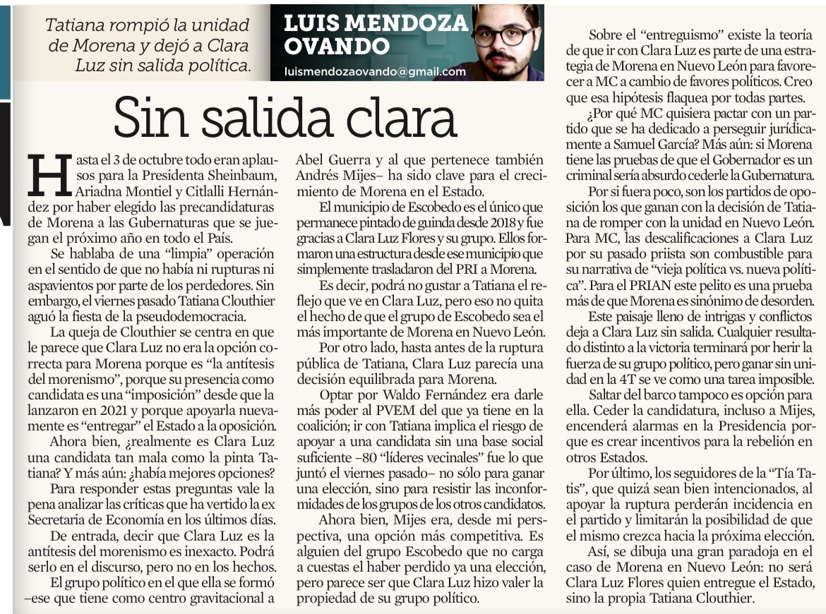 SoyOtroLuis's tweet photo. Hoy escribo en @elnorte sobre la selección de Clara Luz como precandidata y la ruptura de Tatiana Clouthier. https://t.co/KXkgWqzENP