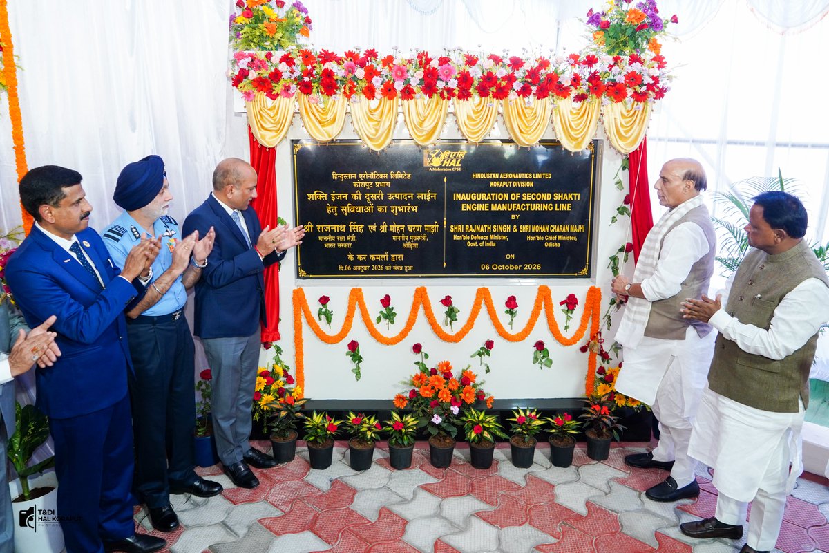 HALHQBLR's tweet photo. Hon’ble RM Shri Rajnath Singh inaugurated the second Shakti engine manufacturing line at HAL Koraput marking a significant step towards strengthening domestic aero-engine production. With a planned capacity of up to 100 engines annually, the facility will support growing helicopter requirements and the evolving needs of the Armed Forces.