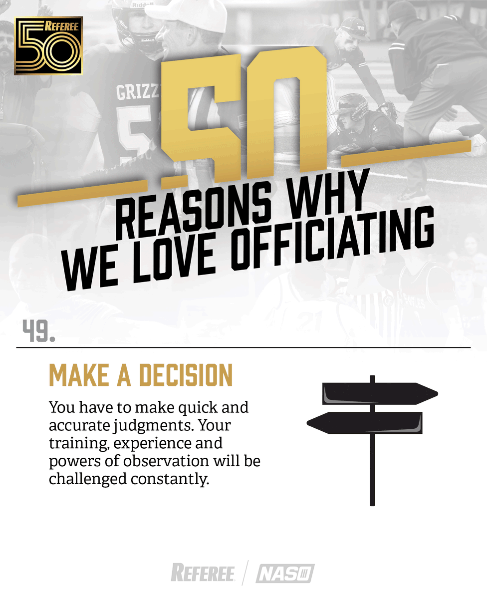 RefereeMag's tweet photo. As part of our 50th year celebrations, over the next several weeks, we're presenting 50 Reasons to Love Officiating (in no particular order). Download the entire list of 50 Reasons in poster form for free right here: https://t.co/QOLWo4AOJ9 https://t.co/cUyfgvfjUj