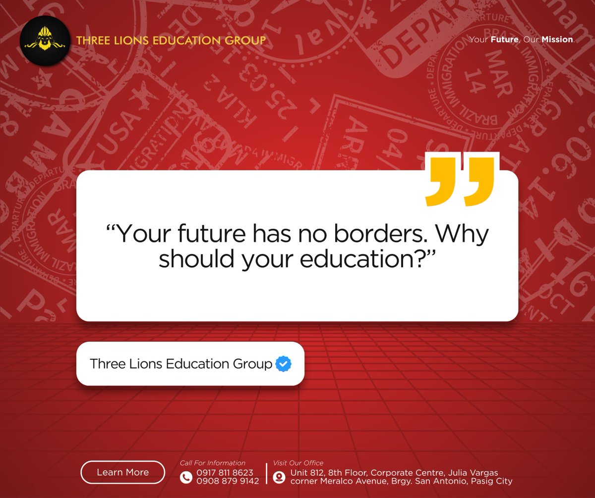 ThreeLionsVisaS's tweet photo. THINK BIGGER. STUDY BEYOND BORDERS.

Your education can take you beyond what you already know. Explore new countries, experience new cultures, meet people from around the world, and discover learning opportunities beyond the Philippines. https://t.co/xpZwEL54uC