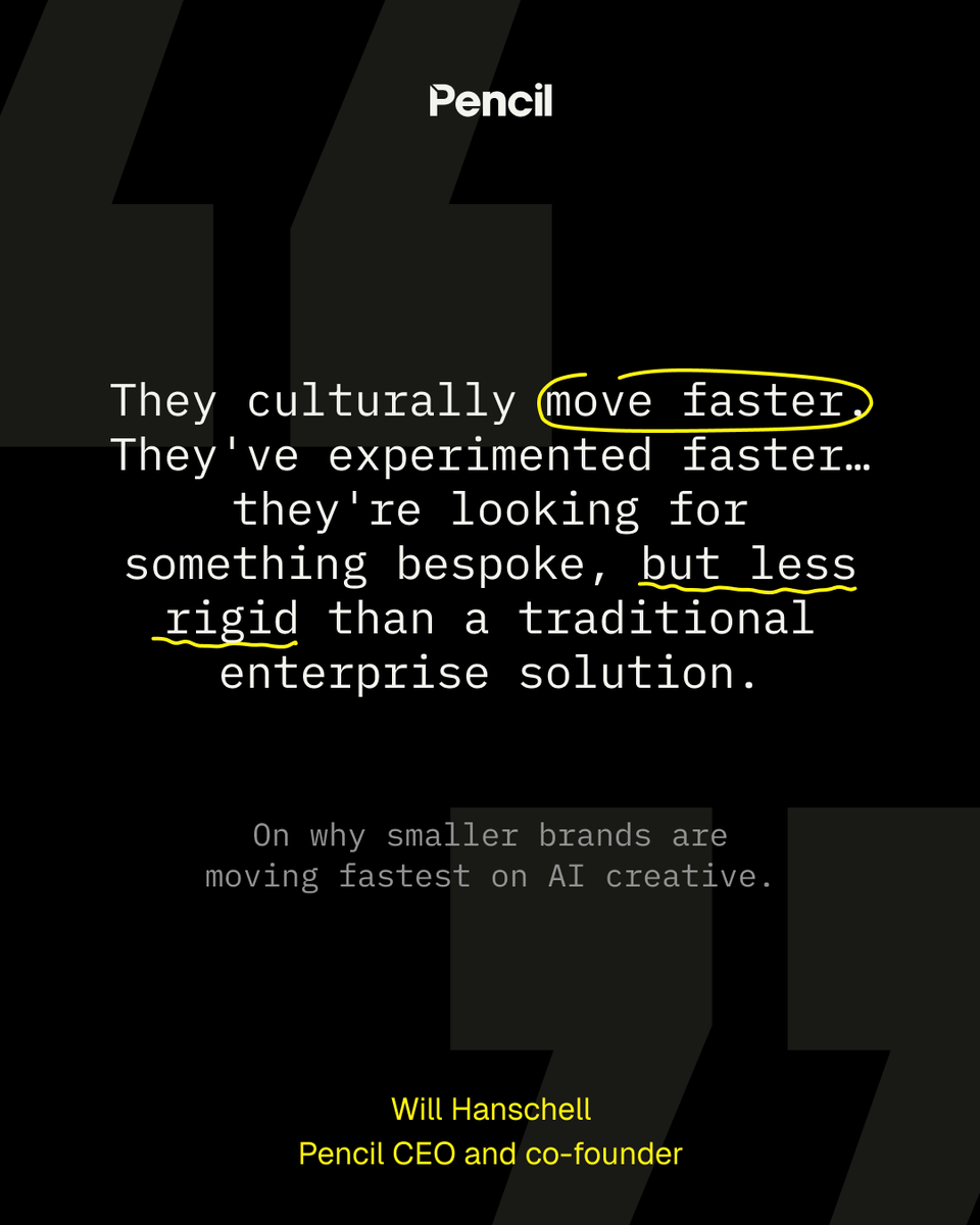trypencil's tweet photo. Why are brands under $1bn our fastest-growing client segment?
Our CEO and co-founder Will Hanschell told @Digiday it comes down to culture. They move faster, they've experimented faster, and they want something bespoke but less rigid than a traditional enterprise solution.
For teams that need to test more, learn quicker and ship more creative, speed is the advantage.
Read it here → https://t.co/1pjtmY5rgQ 
See how Pencil can help you → https://t.co/u2uRgjn9Zz